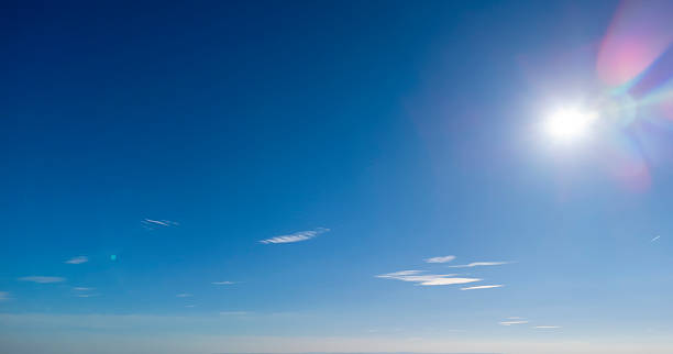 Vibrant blue sky featuring scattered clouds and a bright sun shining overhead. Ideal for backgrounds, nature-themed projects and designs conveying calmness and positivity.