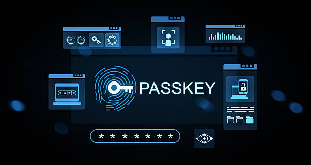 istock Futuristic passkey authentication concept with glowing fingerprint hologram, digital interface icons, and password security elements on dark background. 3D Rendering 2246932656