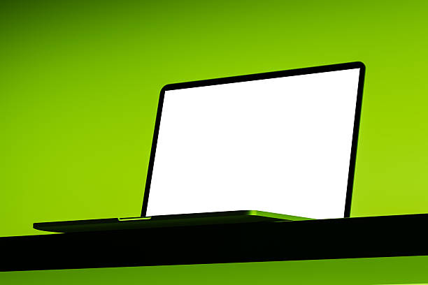 Minimalistic laptop mockup with blank white screen, sleek 3D rendering style, set against a vibrant green background, ideal for tech display concept