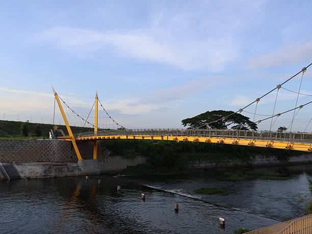Modern pedestrian bridge, sleek design over calm water, daylight setting with soft clouds, ideal for nature and architecture themes.