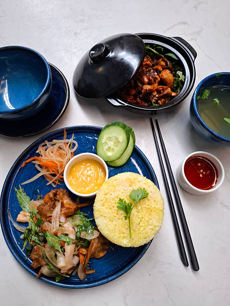 Vietnamese Vegetarian Meal with Rice, Mushrooms and Vegetables