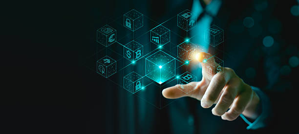 istock Blockchain technology and digital finance concept with businessman touching virtual blocks and cryptocurrency symbols, representing innovation, decentralization, fintech, and secure financial network 2246942227