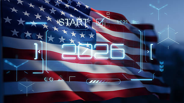 istock Futuristic 2026 hologram interface overlay on waving American flag background representing AR technology and digital innovation concept. 3D Rendering 2246945270