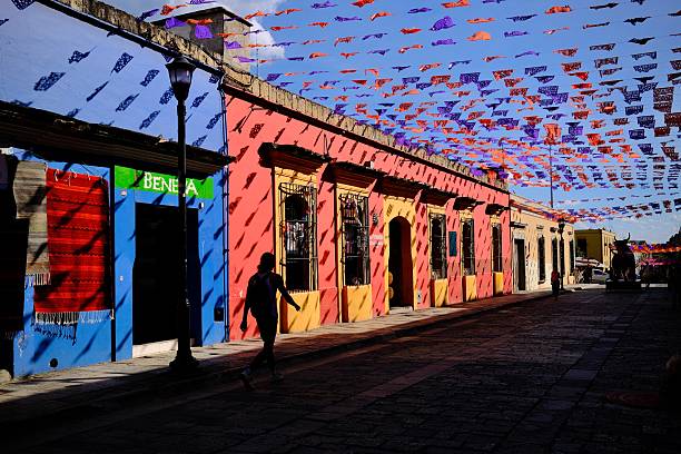 Oaxaca de Juarez, Oaxaca, Mexico – November 6, 2025: Bright papel picado casts patterned shadows on a vivid row of painted buildings as a person walks by.