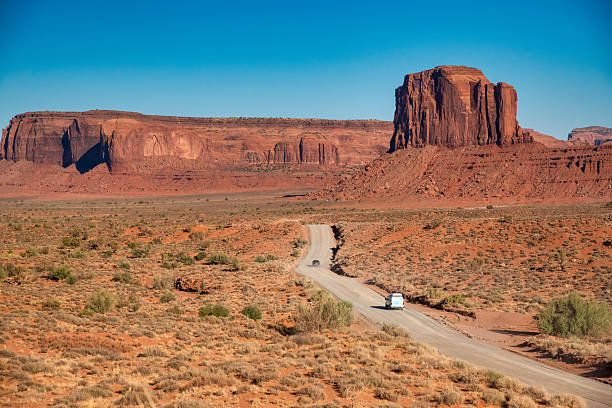 istock Panoramic Monument Valley desert under warm summer sunlight and vibrant blue sky above 2246945715