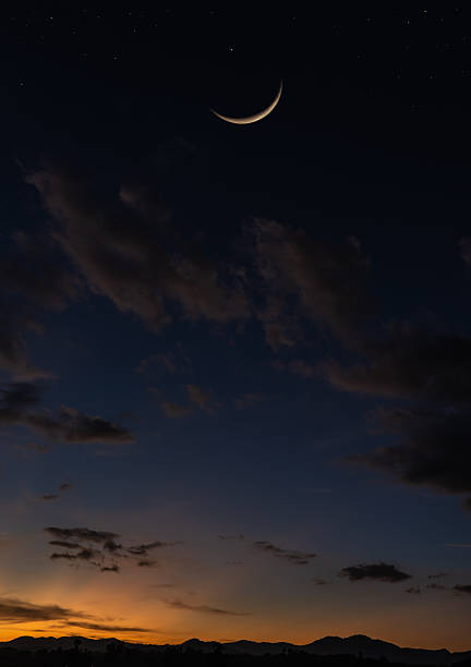 istock Crescent moon sky sunset vertical background, Dark night twilight star with orange, Blue, purple light, Mountain landscape silhouette 2246951223