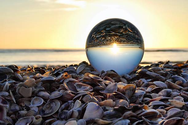 Crystal ball on seashells at Rimini beach during dawn