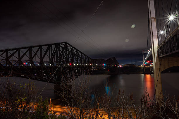 High Angle View of Pedestrian Bridge and Korean Veterans Memorial Bridge Downtown Nashville, Tennessee over the Cumberland River on a Slow Weeknight