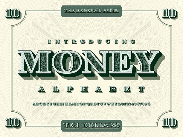 vintage style money alphabet design with decorative elements, uppercase, numbers and symbol