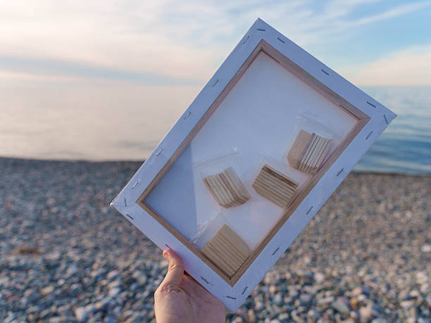 Creative Composition with Wood Pieces and Seaside Background. High quality photo
