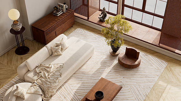 istock Neutral palette enriches top view interior layout where soft textures and warm tones shape elegant modern balance. 3D illustration. 2246962822
