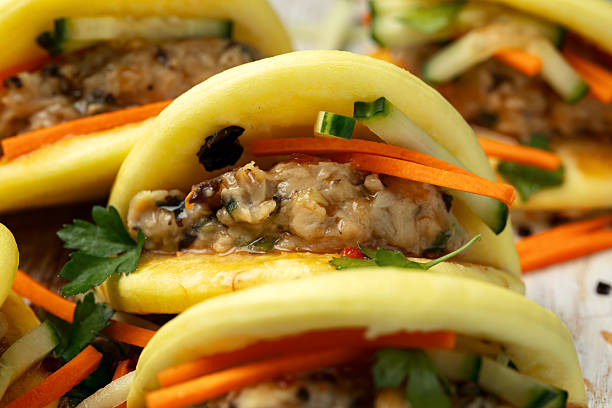 Chicken Bao Buns with vegetables. Asian fast food