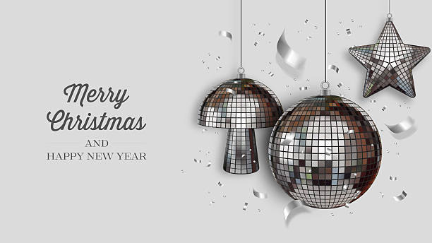istock christmas banner with disco ball decorations and confetti. christmas card with disco ball mushroom, ball and star 2246977878