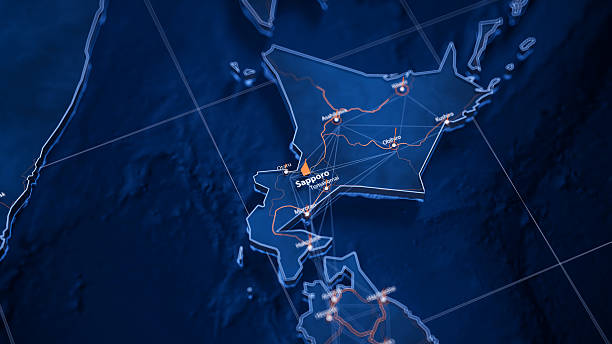 istock Sapporo map big data visualization. Futuristic map infographic of city in Japan. Visual map data complexity in modern blue and orange colors 2246983946