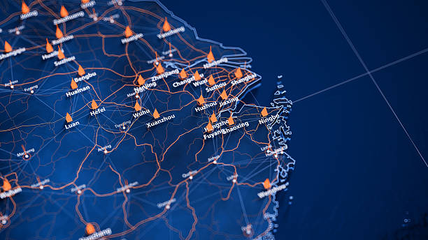 istock Hangzhou map big data visualization. Futuristic map infographic of city in China. Visual map data complexity in modern blue and orange colors 2246984325