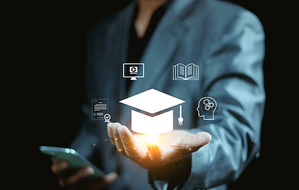 istock Education technology, e-learning, internet lessons, online webinars are attended by a person, businessman hold lightbulb with education icon set, innovation, study online, ideas form learning. 2246990392