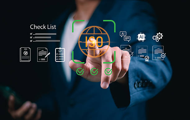 istock Businessman presenting ISO certification, icons symbolizing quality assurance, compliance, global standards, and International organization for standardization 2246990816
