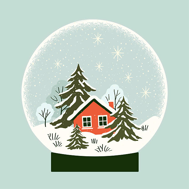 Snow globe with tiny festive scenes inside crystal ball. Transparent snowglobes, glass bubbles. Fairy magic snowballs with Christmas tree, house, winter holiday. Flat graphic vector illustration.