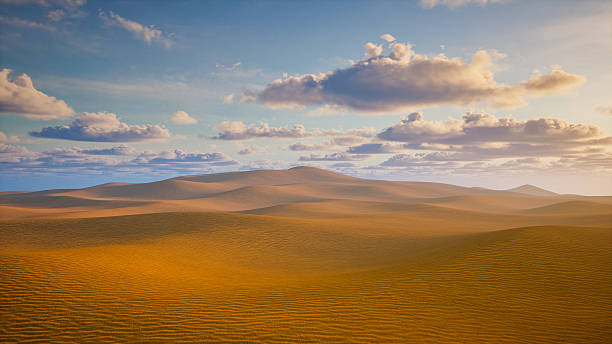 A beautiful scene of a vast desert with golden sand dunes stretching out under a sky filled with clouds, showcasing the natural beauty and serene atmosphere of the arid landscape