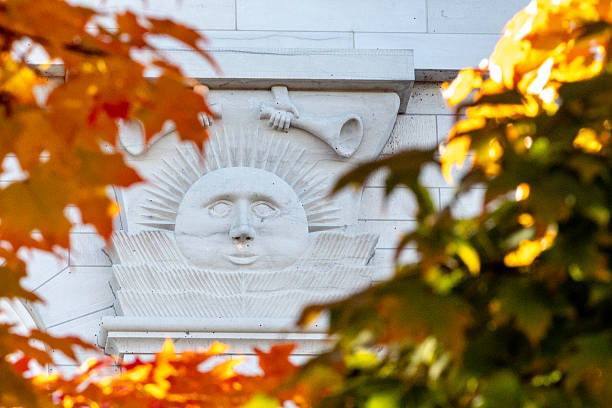 Close up of the Nauvoo Temple Details with fall colored Leaves