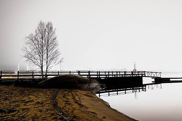Black and white photograph of a wooden pier disappearing into dense fog. Minimalist composition with strong contrast and leading lines, creating a timeless and atmospheric scene. Concept of mystery, solitude, uncertainty, isolation, and calmness. Ideal for backgrounds, emotional storytelling, and abstract visual concepts.
