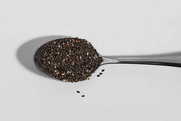 istock Chia seeds in a silver spoon on a white background 2247016628