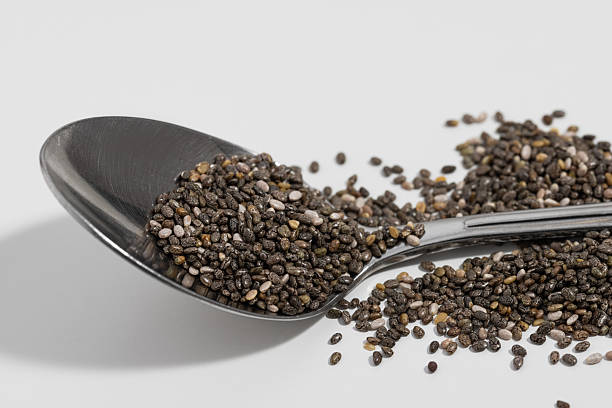 istock Chia seeds in a silver spoon on a white background 2247016632