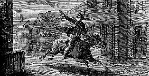Paul Revere‘s Midnight Ride, his warning of the pending British attack in the state of Massachusetts, USA (circa 1775). Vintage etching circa 19th century.