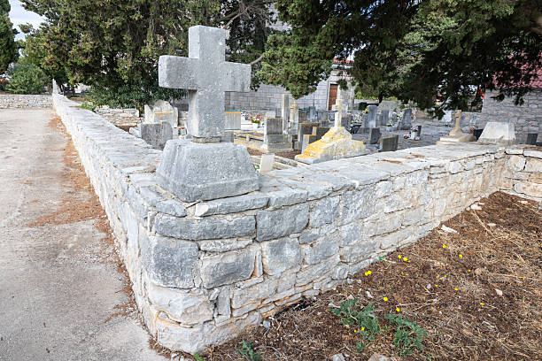 A tranquil cemetery scene with a sturdy stone wall, weathered crosses, and scattered tombstones beneath leafy trees. Sunlight and earth tones evoke memory, reflection, and respect for visitors today.