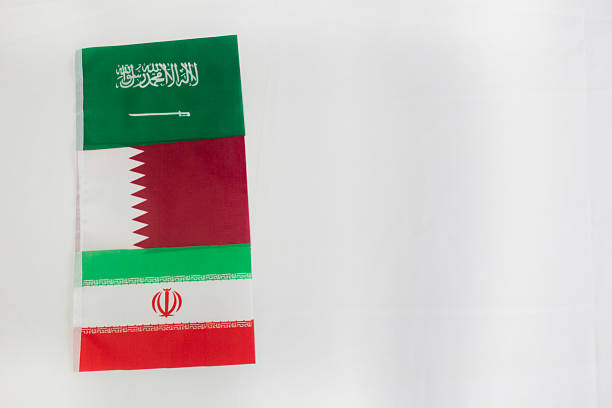 Saudi Arabia, Qatar and Iran flags in white background with copy space