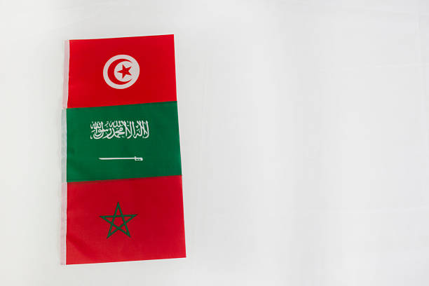 Tunisia, Saudi Arabia and Morocco flags in white background with copy space