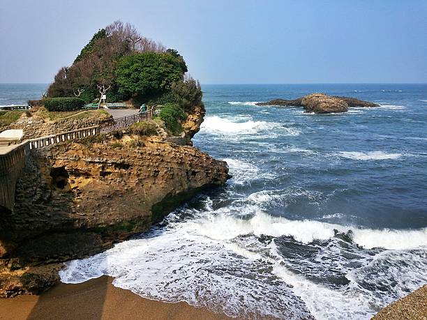 Biarritz, France, March 29, 2024: Biarritz, picturesque cliffs in the water and coastal houses overlooking the Atlantic Ocean, editorial image