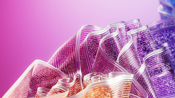 A vibrant abstract 3D render featuring flowing translucent ribbon-like structures in pink, purple, and orange tones, with intricate glowing details. Ideal for concepts of futuristic technology, AI, innovation, and digital design.