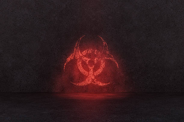 Glowing biohazard sign over the concrete wall. 3D generated image.