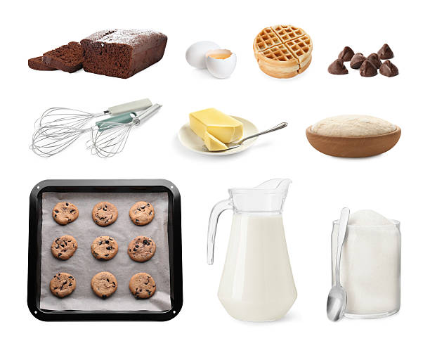 Whisks and different food products isolated on white, set