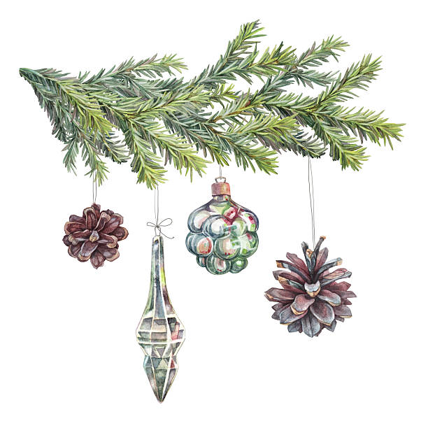 istock Watercolor hand-drawn silver shiny decoration ball and icicle with Christmas tree branch isolated on white background. Toy clipart for New Year party celebration. Wallpaper and wrapping or sketchbook 2247055774