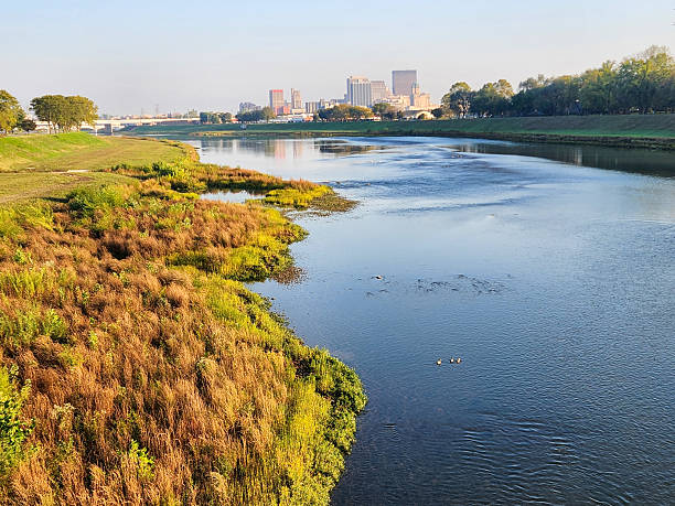 Saginaw Michigan skyline along the banks of the Saginaw River