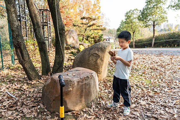 A young boy with short hair is standing outdoors in an autumn setting. He is wearing a white shirt and black pants, holding a leaf in his hands. The background features trees with autumn leaves, a ground covered in dry leaves, rocks, and a green fence. The day is sunny, creating a serene and pleasant atmosphere as he enjoys the natural surroundings.
