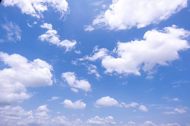 Panoramic view of clear blue sky and clouds, Blue sky background with tiny clouds. White fluffy clouds in the blue sky. Captivating stock photo featuring the mesmerizing beauty of the sky and clouds.