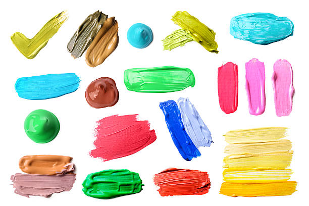 istock Paint samples of different colors on white background, top view 2247073806