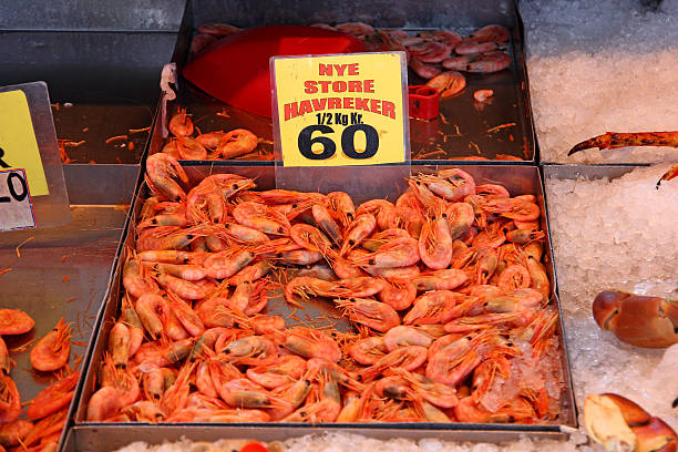 Bergen, Norway - 26 Jun 2012: Some shrimps on the local fish market, Bergen, Norway