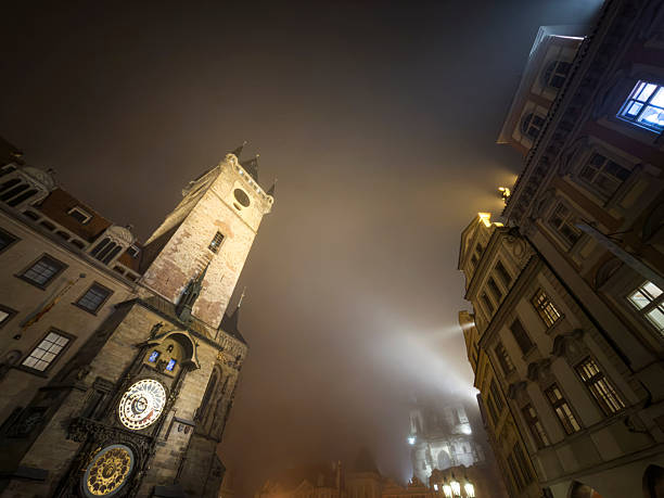 Astronomical clock in Prague old town square at night, Czech Republic