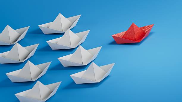 istock Different business concept.new ideas. paper art style. creative idea.Leadership concept, blue leader boat leading white boats.3D rendering on blue background. 2247082599