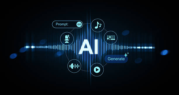 istock AI music generation concept with futuristic interface showing sound icons and waveform background in glowing blue tech style on dark background. 3D Rendering 2247085533
