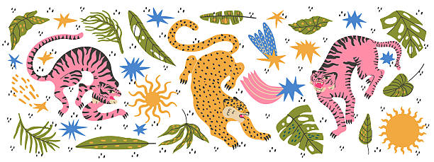 istock Safari animal bundle with leopard tiger and tropical jungle plants. 2247089622