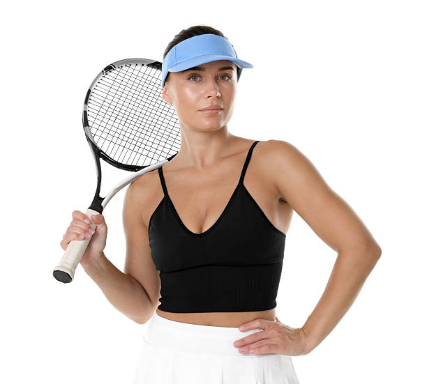 Woman with tennis racket on white background