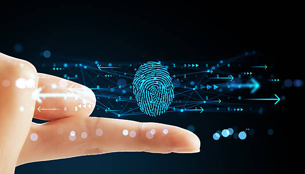 istock Finger scanning biometric fingerprint with digital light and data arrows on virtual background for cybersecurity authentication concept. 2247096681