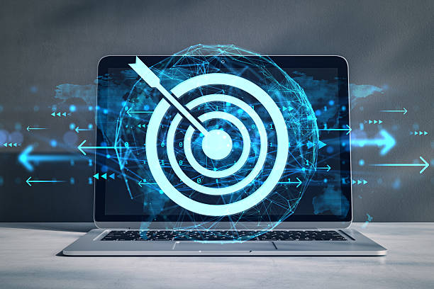 istock Digital target icon with arrow on laptop screen symbolizing business goals and virtual technology success in glowing blue light background. 3D Rendering 2247096710