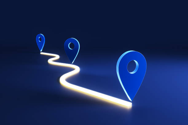 istock Glowing route line with blue map location pins on dark background illustrating journey or navigation concept creatively in modern style. 3D Rendering 2247097003