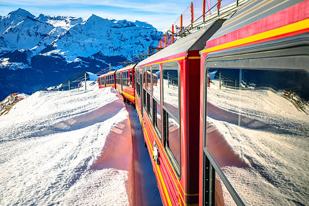 Eigergletscher alpine railway to Jungrafujoch peak view from train, Berner Oberland region of Switzerland